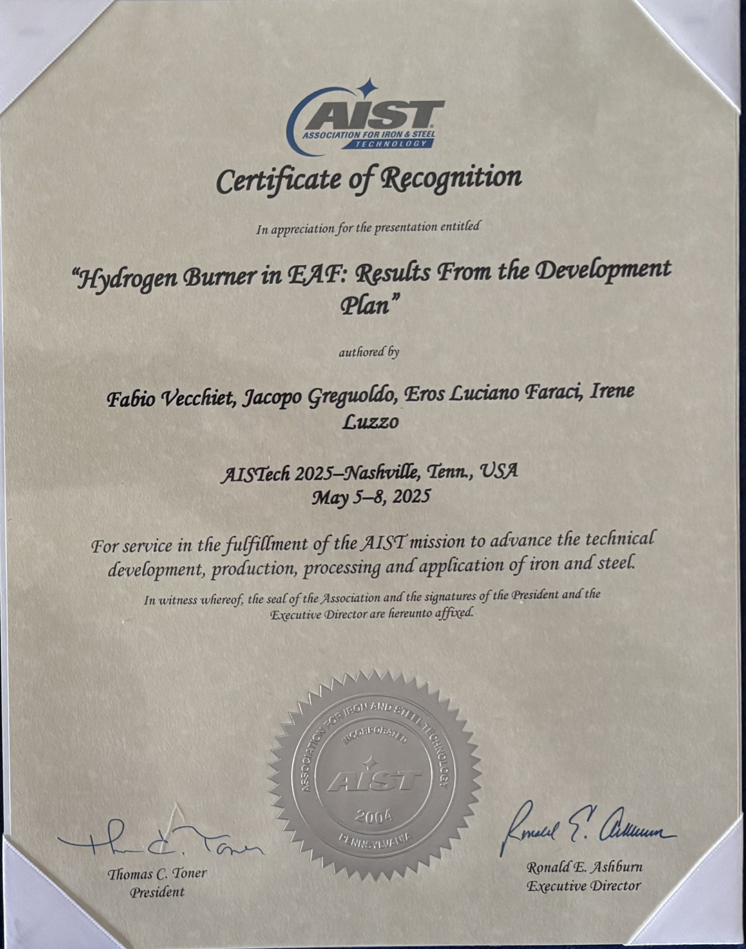 AISTECH 2025 Recognition award